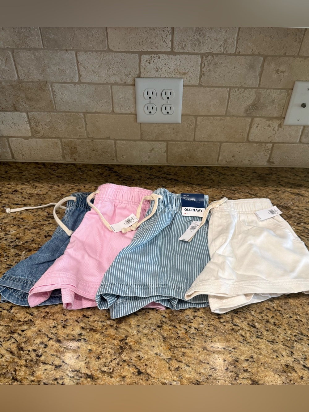 Old Navy Girls Pink, Blue Striped, Denim Blue & White Cotton Shorts Set